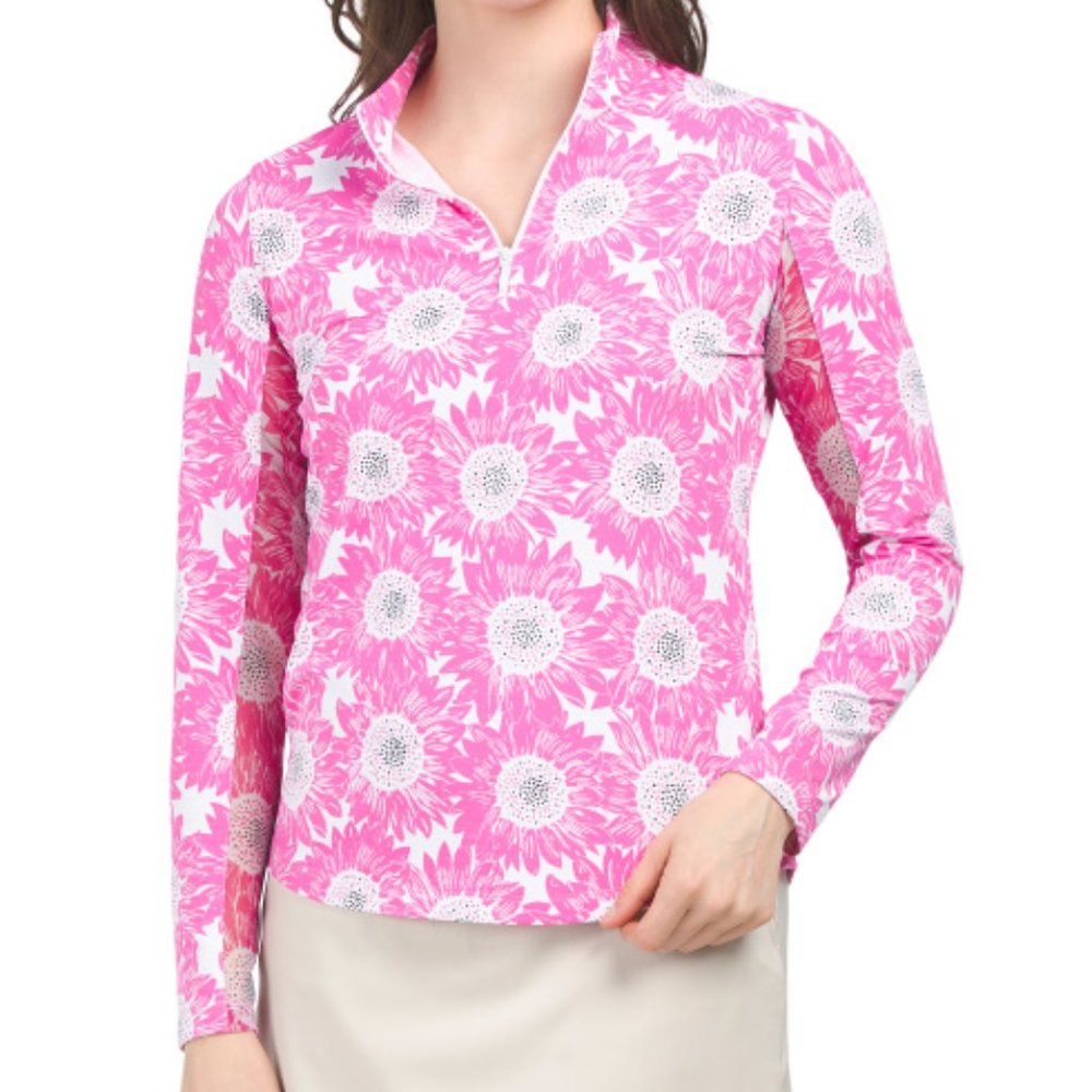 Ibkul Ruthie Print Long Sleeve Zip Mock Neck Top Hot Pink White Size M NWT